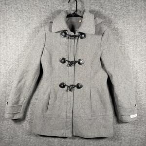 Calvin Klein Coat Womens 4 Gray Wool Hooded Toggle Duffle Parka Herringbone